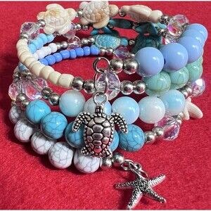 Tropical Blue Crystal Beaded Wire Wrap Bracelet.  Turtle And Starfish Charms.